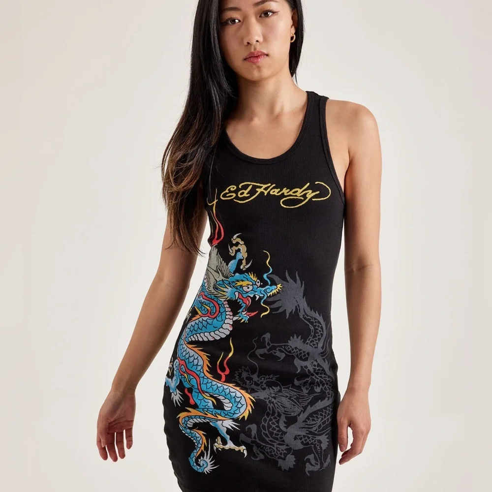 Ed Hardy Black Mini Dress with Blue Dragon Design - Picture 1 of 8